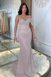 Fabulous Pink Mermaid Crew One-Shoulder Sleeveless Beaded Tulle Prom Dresses With Rhinestone